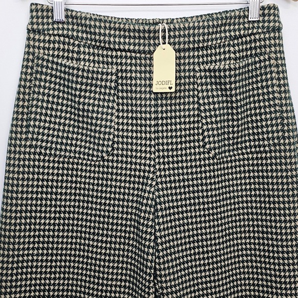 JODIFL Wide Leg Pants Houndstooth Green Cream Cropped L Elasic Waist Pull On NEW - Picture 4 of 13